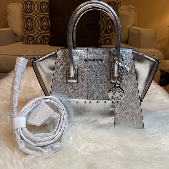 NWT Michael MICHAEL KORS- Avril Small Metallic Studded Patchwork Satchel - Picture 3 of 10